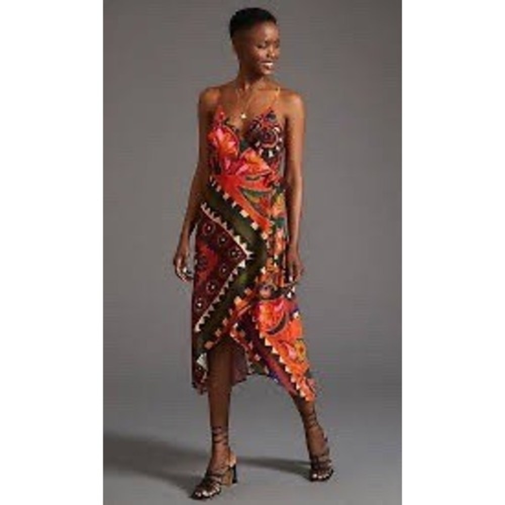FARM Rio Hanky Wrap Midi Dress Women Small Orange Red Boho Tropical Anthro